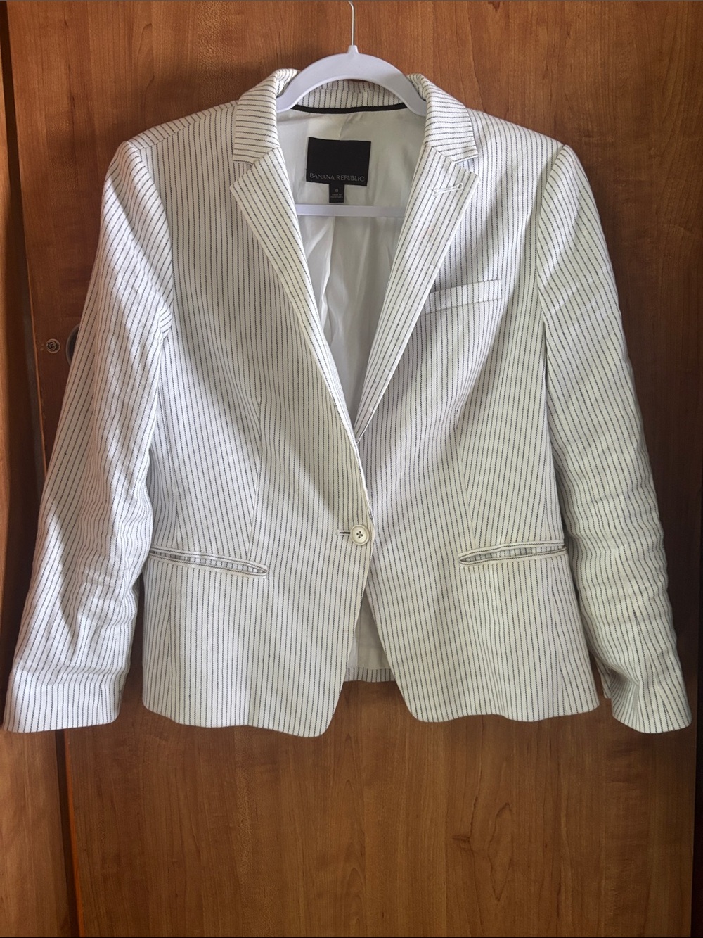 Banana Republic White Blazer with Thin Gray Pinstripes